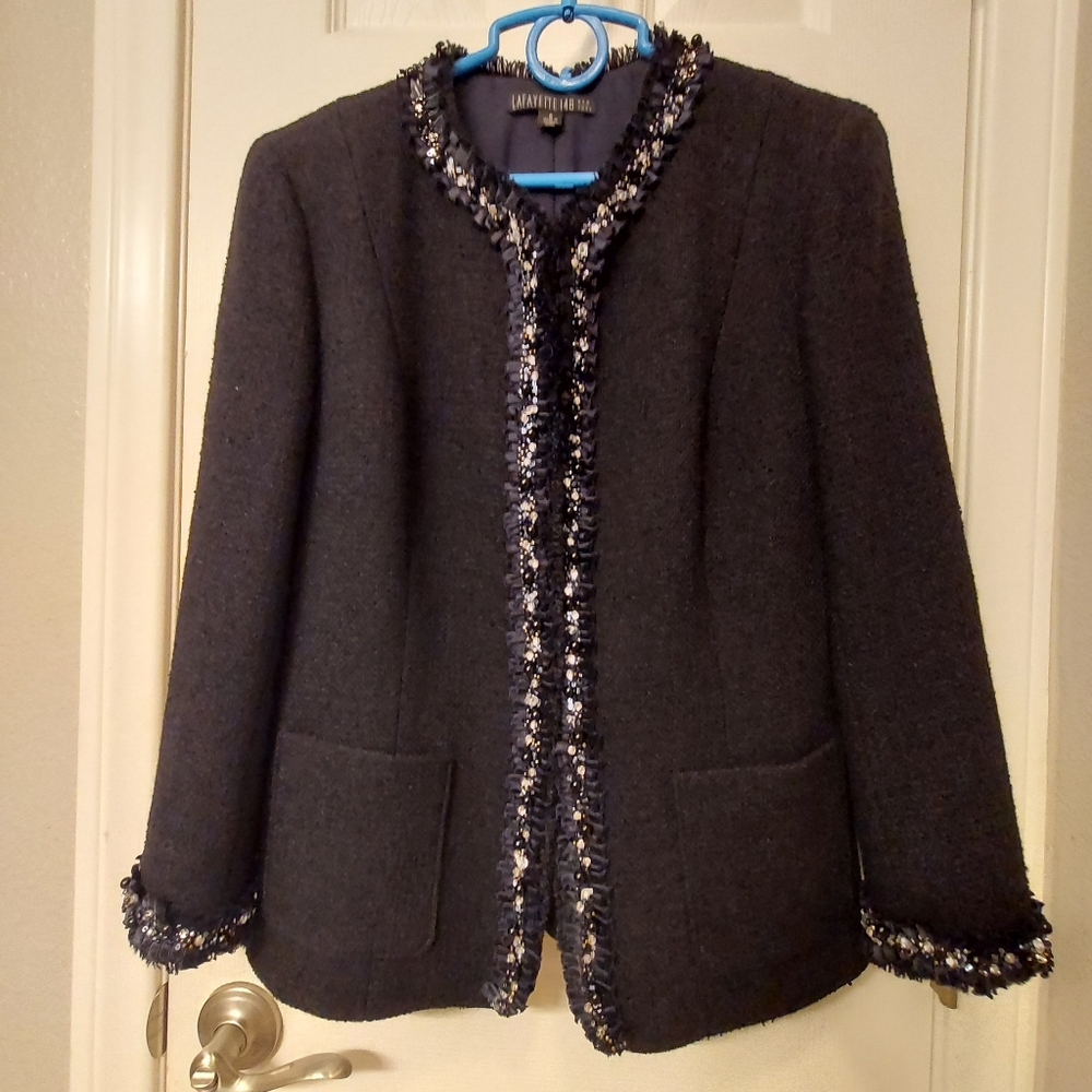 Lafayette 148 mohair wool tweed bejeweled blazer jacket